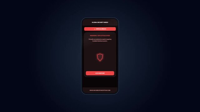 Mobile cyber security shield app showing critical breach alert with firewall exploit blocked notification