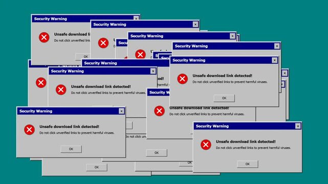 Unsafe Download Link Security Popups: Retro desktop operating system filling with multiplying red icon security warnings and error dialog windows. Vintage computer virus attack animation