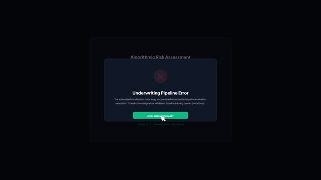 Dark mode commercial capital application dashboard showing an underwriting pipeline error exception alert during an automated risk assessment query.