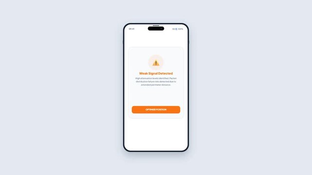 Smartphone interface displaying a weak signal detected warning alert message on a mobile wireless network connectivity app screen in light mode interface mockup