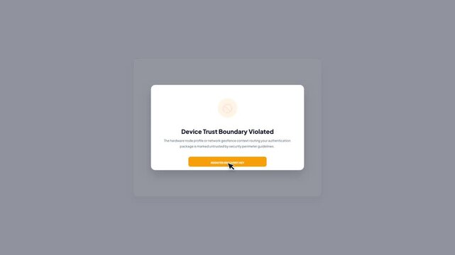 Desktop user interface showing device trust boundary violated error alert window while entering two-factor authentication security code mockup
