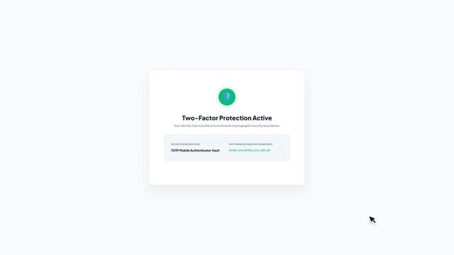 Desktop user interface showing successful verification confirmation screen after activating two-factor authentication security protocol mockup