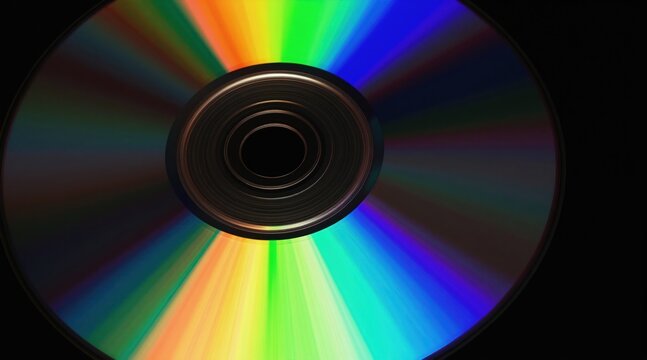 Circular CD disc with rainbow light reflections on black background. Shiny plastic surface with abstract colorful pattern, bright spectrum glow effect, optical data media.