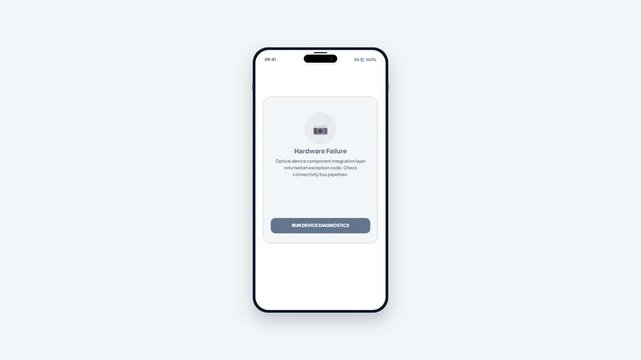 Mobile Application System Verification Mockup Displaying Camera Access Permission Dialog Followed by Hardware Failure Error Screen