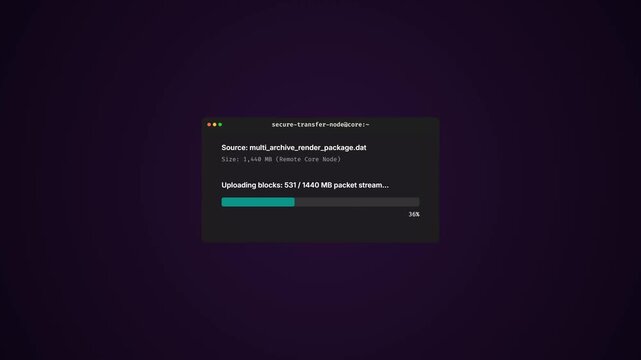 User Interface Design of Secure Data File Upload Progress Bar in Dark Mode Theme on Modern Terminal Window Concept