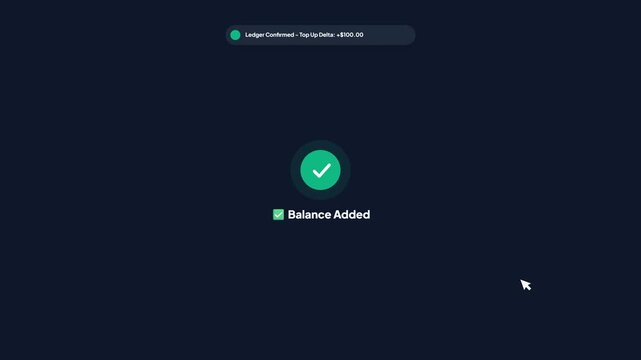 Successful e-wallet money top-up payment confirmation screen on dark background showing ledger confirmed transaction with balance added success checkmark notification.