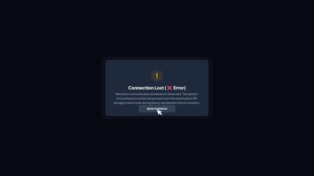 Connection lost network communication breakdown error message popup interface on dark background during document upload binary serialization block transfer socket drop event.