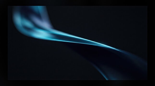 Blue abstract light trail on black background. Fluid cyan wave pattern with soft glow and sharp focus. Sophisticated backdrop for tech product presentations.