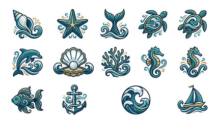 Sea creatures and nautical icons set. © monkey