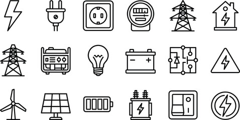Electric power and renewable energy line icons set featuring electricity generation, transmission, battery storage, solar panels and electrical equipment © MdMostafijur