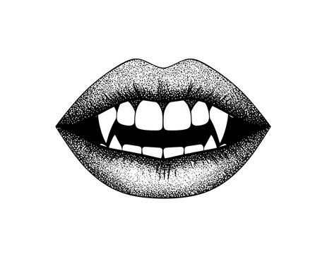 Black and white illustration of open lips with sharp vampire fangs. Lips are detailed with fine stippling, teeth are bright