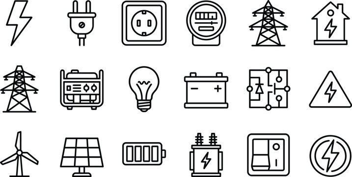 Electric power and renewable energy line icons set featuring electricity generation, transmission, battery storage, solar panels and electrical equipment