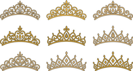 Elegant Golden Tiara Collection Set with Ornamental Princess Crowns, Luxury Royal Headpieces and Decorative Vector Illustration Bundle © MdMostafijur