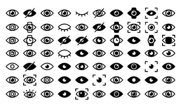 Modern eye visibility icon set with outline and filled watch view and monitoring symbols vector illustration
