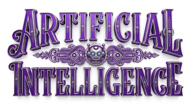Artificial Intelligence text with robot head and steampunk design elements