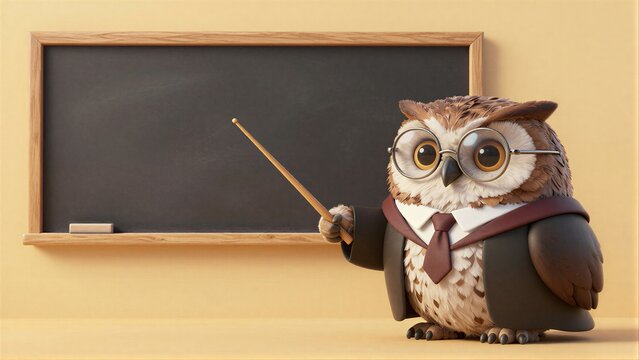 Smart owl teacher in glasses and suit points at blank chalkboard with a stick.
