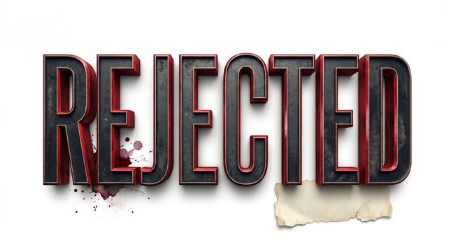 3D Rendered Word Rejected with Red Splatter and Torn Paper on White Background