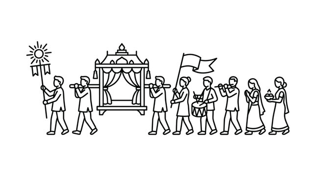 Cultural festival parade with temple palanquin line art.
