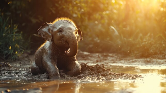 Adorable baby elephant enjoying a playful mud bath in the warm sunlight of the jungle environment
