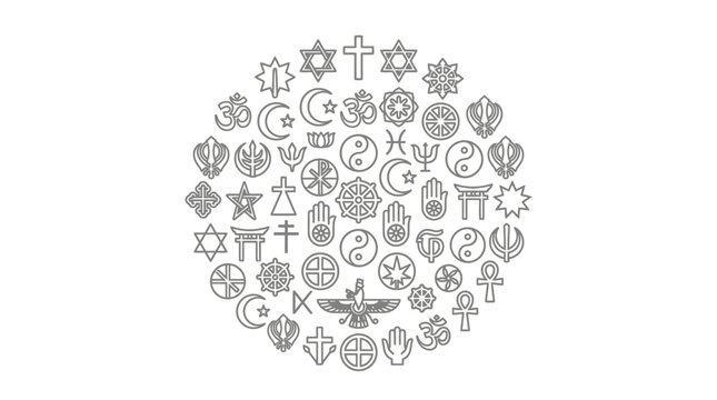 Diverse collection of world religious symbols in a circle.