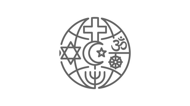 Global map integrated with various international religious symbols.