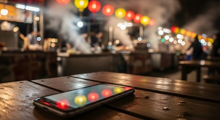Obraz premium Smartphone on a wooden table with a vibrant blurred night market scene in the background