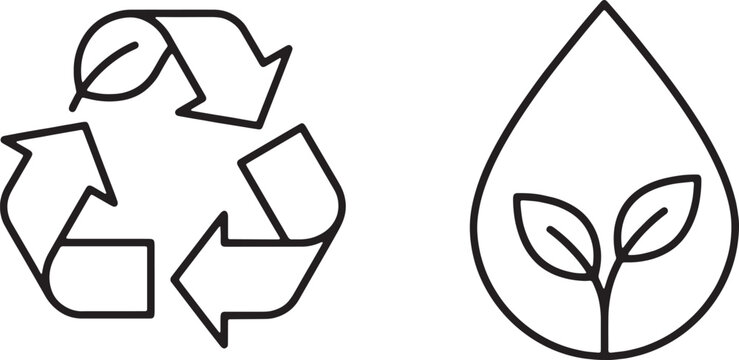 Art & Illustration, Circular recycling arrow triangle and organic leaf drop symbol environmental outline icons set for trash sorting labels and zero waste packaging