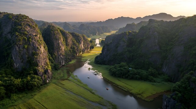 Aerial view of Tam Coc landscape in Ninh Binh Vietnam with limestone mountains and rice fields