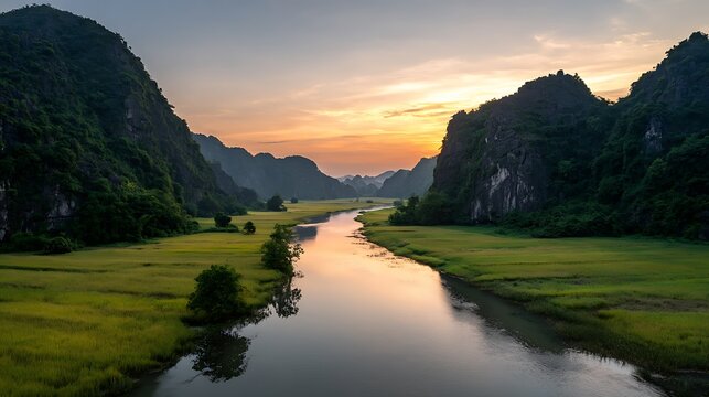Stunning sunset landscape over Tam Coc rice fields in Ninh Binh, Vietnam