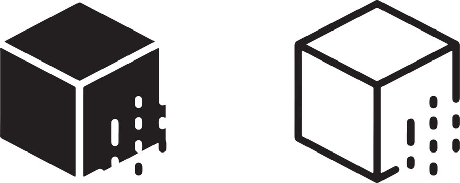 Art & Illustration, Solid block shattering into pixels next to wireframe 3D cube industrial outline icons for digital modeling processes and CAD software design