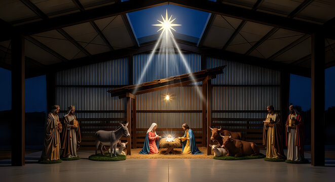 Nativity scene of jesus birth in stable with star shining above nativity christmas