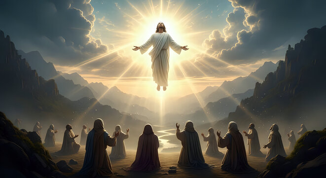 Jesus ascension into heaven with glowing light and followers below ascension religion