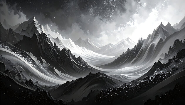 Black and white pixel art mountain landscape with snowy peaks, stylized retro video game scenery, moody atmosphere, serene nature