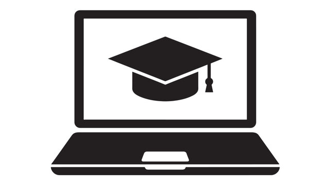 Online Learning Icon: A minimalist black and white icon depicting a laptop with a graduation cap on its screen, symbolizing online education and remote learning.