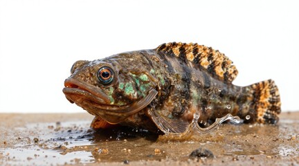 Fototapeta premium Mudskipper fish moves on wet sand near tidal pool. Small aquatic animal with big eyes splashes water with fin. Creature adapts to land and sea environment.