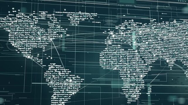 Starting camera panning text-map revealing Eurasia, Australia on teal display, showing node pulses
