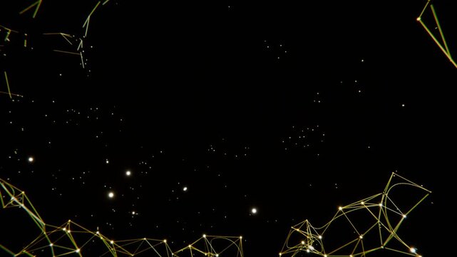 Forming golden mesh with nodes in black void after faint specks appearing, framing central circle