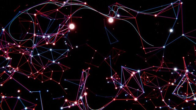 Emerging from dark network expanding across void, forming mesh and pulsing red blue nodes