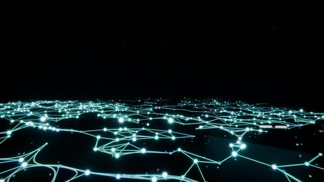 Fading cyan network plane forming in dark void, thin lines and pulsing nodes visualizing data