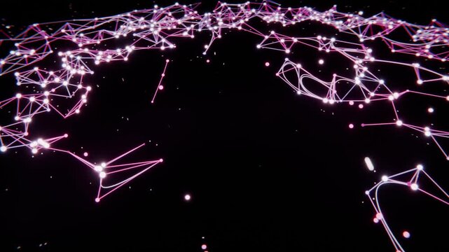 Appearing luminous points linking into ring, pulsing and reshaping in digital void, with neon lines