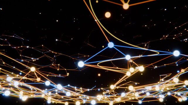 Black frame breaking into amber or blue nodes sparking network building on curved plane, showing dat