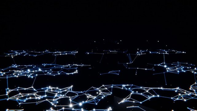 Emerging from black frame, luminous nodes linking with thin lines in void, forming lattice