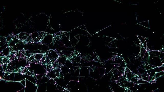 Emerging from black frame, glowing node-and-line network spreading and pulsing in dark cosmic field