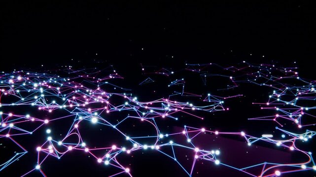 Emerging neon nodes and lines forming across digital void from black frame, pulsing strands