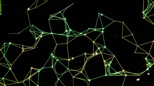 Forming glowing node network emerging from pinpricks in abstract void, thin lines forming triangles