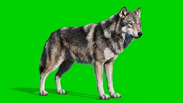 Realistic grey wolf standing alert on chroma key green screen background