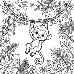 Fototapeta premium Cute monkey hanging from a vine in a jungle setting
