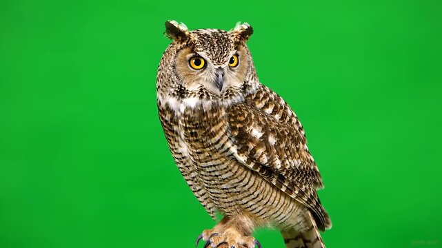 Majestic Great Horned Owl looking around while perched against green screen for chroma key compositing in professional video production