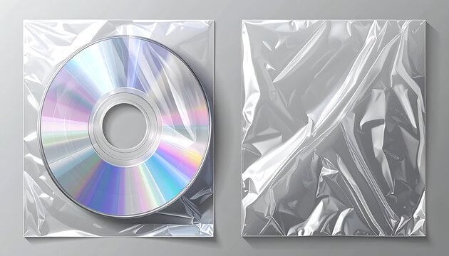 isolated optical compact disc inside wrinkled metallic silver foil packaging, music media distribution, software storage, shiny holographic reflection