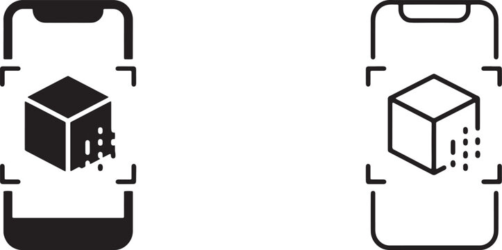 Art & Illustration, Smartphone scanning a 3D cube model vector line icons set for augmented reality mobile applications and digital scanning software interface layouts